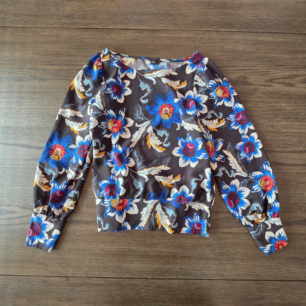 Ann Taylor Factory Floral Puff Sleeve Smocked Blouse Black Blue XS RN 77379